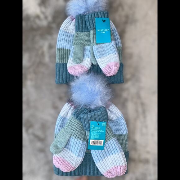 West Loop Kids Twin Girls Winter Matching Hat & Gloves Set of 2 Striped NWT O/S - Picture 2 of 6